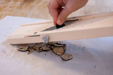 Paris 'teki aşçılık stüdyosunda aşçılıkla ilgili yüksek uzmanlık, sebzeli farklı güzel yemekler hazırlama, mantar mantarı, kırmızı parçalar, siyah tuzlanma, fındık. Yemek pişirme süreci.