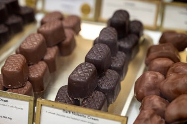 El yapımı çikolatalı pralin bonbonlar, palmiye yağı olmadan nasıl kalite, zarif, ısırık büyüklüğünde, parlak kaplamalı, zengin kakaolu, farklı dolgulu, fındıklı, kuru üzümlü,