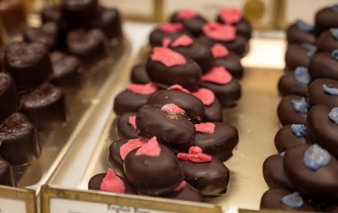 El yapımı çikolatalı pralin bonbonlar, palmiye yağı olmadan nasıl kalite, zarif, ısırık büyüklüğünde, parlak kaplamalı, zengin kakaolu, farklı dolgulu, fındıklı, kuru üzümlü,