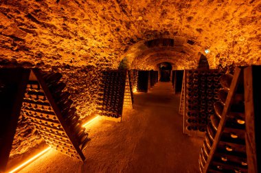 Şişedeki çökeltiyi bulmaca ya da derin yeraltı mağaraları öğrenci ahşap rafları üzerinde geleneksel şampanya yapma metodu Reims, Epernay, Champagne, France
