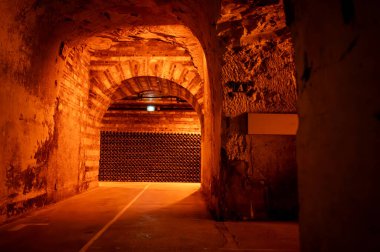 Yeraltı mağaralarının tozlu şişelerini ziyaret etmek, geleneksel yöntemlerle Reims, Epernay, Champagne, France 'da şampanya yapmak.