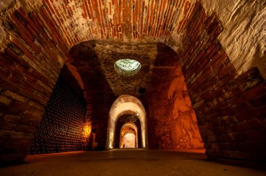 Yeraltı mağaralarının tozlu şişelerini ziyaret etmek, geleneksel yöntemlerle Reims, Epernay, Champagne, France 'da şampanya yapmak.
