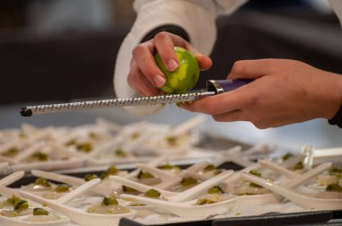 Ziyaretçiler için özel tatma etkinliği, bir bardak şampanyayla yemek eşleşmesi, Fransa 'da kış yemekleri ve şarap festivalinde ünlü aşçıların hazırladığı lezzetli yemekler.