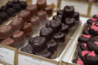 El yapımı çikolatalı pralin bonbonlar, palmiye yağı olmadan nasıl kalite, zarif, ısırık büyüklüğünde, parlak kaplamalı, zengin kakaolu, farklı dolgulu, fındıklı, kuru üzümlü,