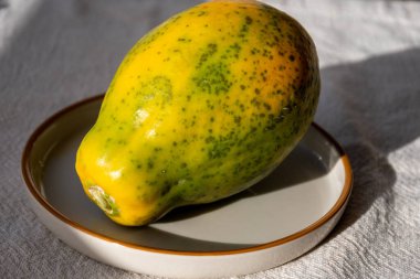 Tenerife 'den tatlı olgun papaya meyvesi, egzotik yiyecekler, tatilde sağlıklı yiyecekler, yakın çekim.