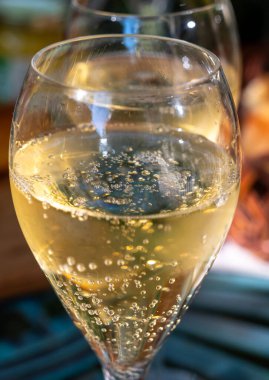 Yazın Fransa 'nın Champagne bölgesinde Cote des Bar' daki Fransız köyünde eski demir masa setiyle güneşli bahçede köpüklü beyaz şaraplı iki flüt bardak şampanya.