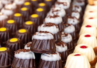 Avusturya, Viyana 'daki eski bir şekerci dükkanında farklı çikolata çeşitleri ve malzemeler.