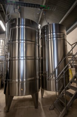 Fermantasyon için çelik tanklarla şarap mahzenini ziyaret, şampanya üretimi, Cote des Bar, şampanya, Fransa