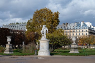 Paris şehir manzarası, sokaklar, yollar, binalar, güneşli bir sonbahar gününde Seine nehri, Fransa 'ya seyahat