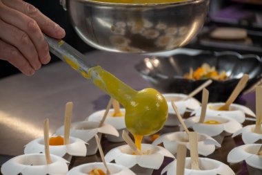 Ziyaretçiler için özel tatma etkinliği, bir bardak şampanyayla yemek eşleşmesi, Fransa 'da kış yemekleri ve şarap festivalinde ünlü aşçıların hazırladığı lezzetli yemekler.