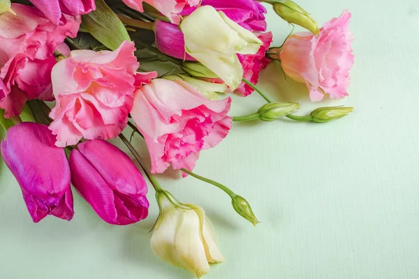 Рожеві та білі квіти на світло-зеленому тлі, концепція листівки, простір для копіювання — стокове фото