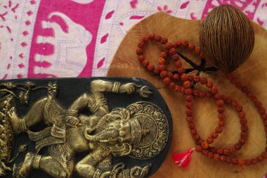 Indian Spiritual Art - Ganesha Elephant, Prayer Beards made of Rudraksha