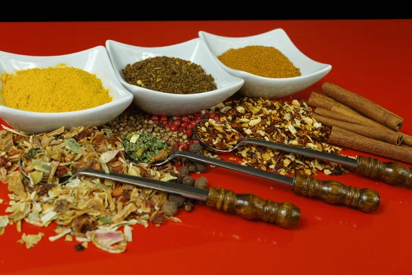 Set of spices and seasonings with old metal spoons on red table — Stockfoto
