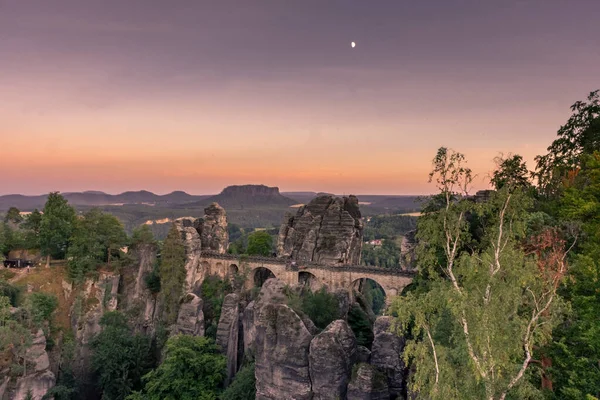 Sunset Bastei Bridge Saxon Switzerland National Park Germany — Stock Photo, Image