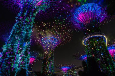 SINGAPORE, 3 EKİM 2019: Körfezin yanındaki Bahçelerin Süperağaçları