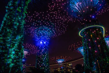 SINGAPORE, 3 EKİM 2019: Körfezin yanındaki Bahçelerin Süperağaçları