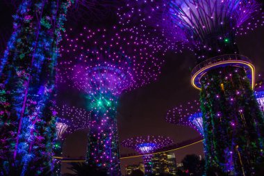 SINGAPORE, 3 EKİM 2019: Körfezin yanındaki Bahçelerin Süperağaçları