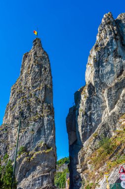 Belçika bayrağı Dinant 'ta bir kayanın üstünde