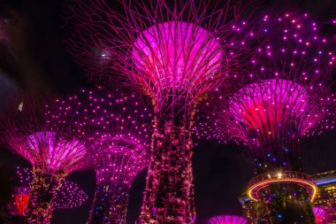 SINGAPORE, 3 EKİM 2019: Geceleri körfezin kenarındaki Bahçelerin Süperağaçları