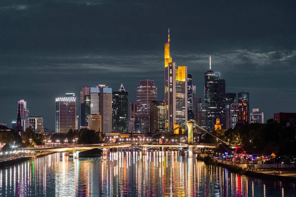 Modern Cityscape Business District Frankfurt Main Reflection Main River Night — Stock Photo, Image