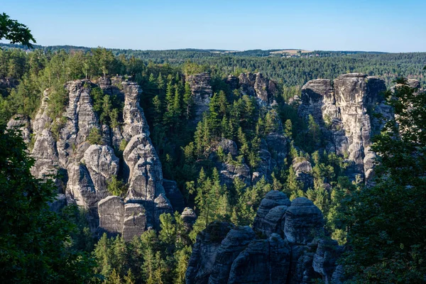 Belo Pôr Sol Sobre Montanhas Cársticas Parque Nacional Saxon Switzerland — Fotografia de Stock