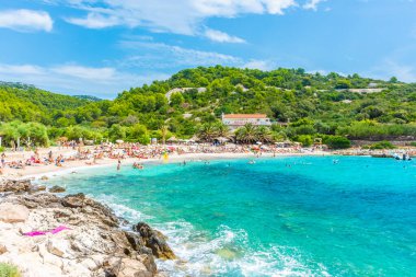 HVAR, CROATIA, AĞUSTOS 8 2019: Adriyatik Denizi, Hvar Adası 'ndaki güzel Pokoniji Dol Sahili