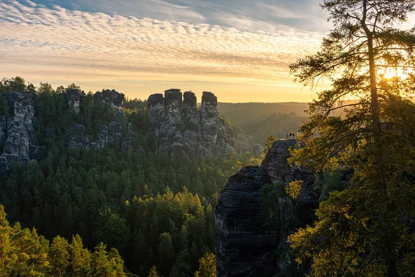 Amazing Sunrise Karst Mountains Saxon Switzerland Germany — Stock Photo, Image