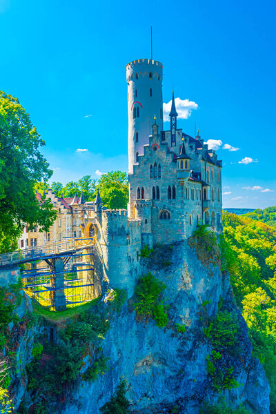 Lichtenstein Castle (Schloss Lichtenstein), a palace built in Gothic Revival style overlooking the Echaz valley near Honau, Reutlingen, in the Swabian Jura of southern Germany