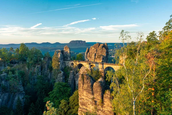 Beautiful Sunrise Bastei Bridge Saxon Switzerland Germany — Stock Photo, Image