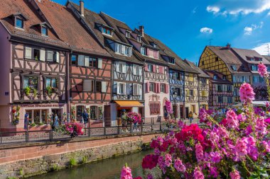 COLMAR, FRANCE, 18 HAZİRAN 2020: Ön planda çiçekli renkli colmar kanalı