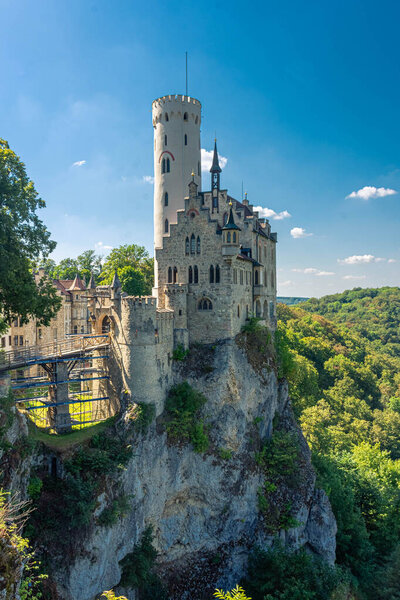 Lichtenstein Castle (Schloss Lichtenstein), a palace built in Gothic Revival style overlooking the Echaz valley near Honau, Reutlingen, in the Swabian Jura of southern Germany