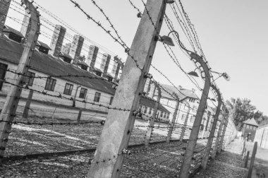 AUSCHWitz, POLAND, 16 HAZİRAN 2018 Auschwitz 'in kablolu çitleri