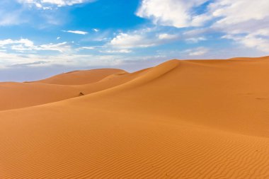 Alacakaranlıkta Sahra Çölü 'nün kumullarının güzel manzarası, Merzouga, Fas