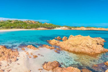 Budelli Adası, Maddalena Takımadası, Sardunya, İtalya 'daki inanılmaz pembe kumsal.