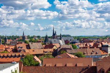 Quedlinburg, Almanya şehir merkezinin güzel hava manzarası