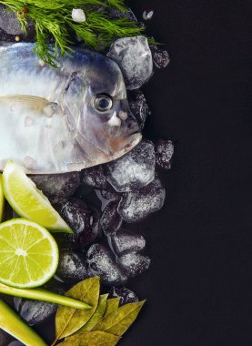 Taze balık (Vomer veya Selene setapinnis ) kırmızı biber, dereotu, Defne le