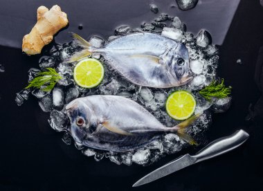 İki Taze balık (Vomer veya Selene setapinnis) dereotu, bıçak, zencefil 