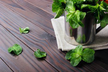 Paslanmaz Kupası ve nane w üzerinde yayılmış yaprak taze nane