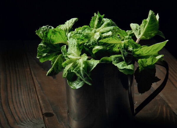 Fresh mint in the stainless cup and spread leaf of mint on the w