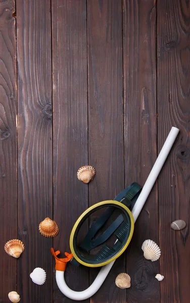 Tube and mask for diving with sea shell on the wooden background — 스톡 사진