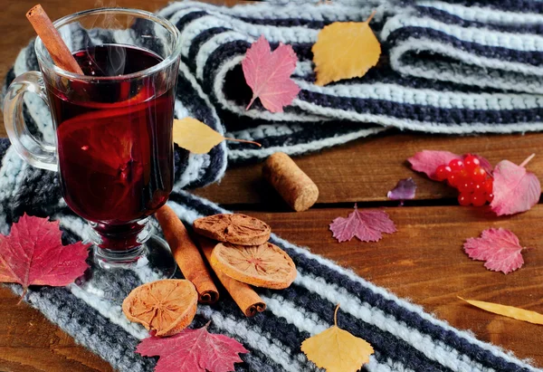 Hot Mulled wine with spices (cinamon, star anise) and dried lemon on knitted scarf .Fallen leaves. Autumn theme.Selective focus — Stock Photo, Image