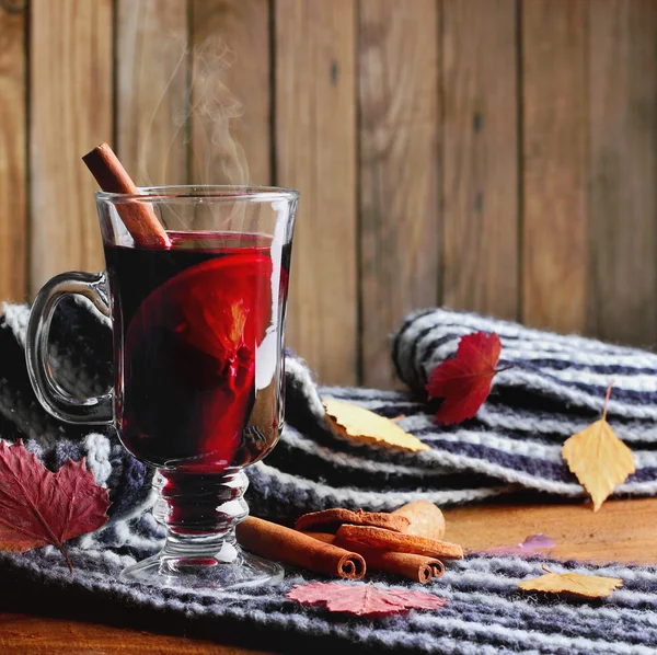 Hot Mulled wine with spices cinamon, star anise and dried lemon on knitted scarf .Fallen leaves. Autumn theme.Selective focus — Stock Photo, Image
