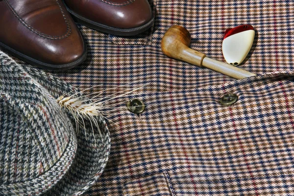 Vintage tweed fondo sombrero zapatos portmone y luces / —  Fotos de Stock