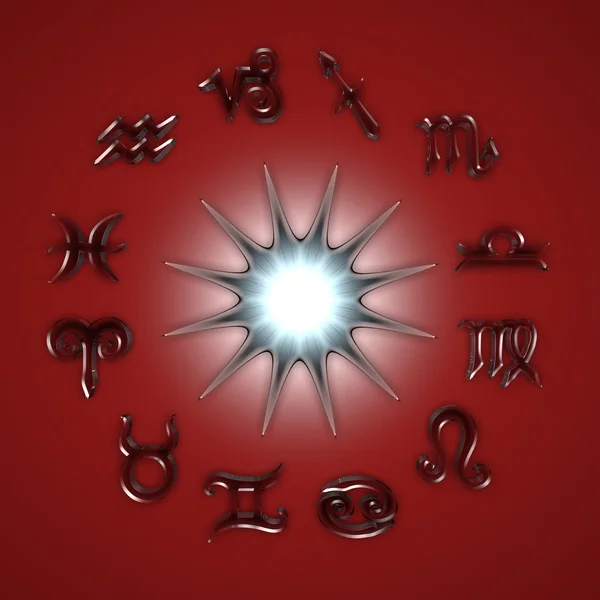 It's a 3D render of Glassy Star and Zodiac Signs on red background with high resolution. — Stock Photo, Image