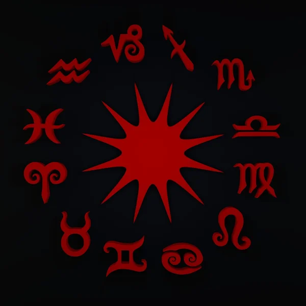 Det är en 3d gör Red Star och zodiakens tecken på svart bakgrund med hög upplösning. — Stockfoto