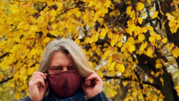 Man Takes His Medical Mask Laughs Loudly Camera Forest — Stock Video