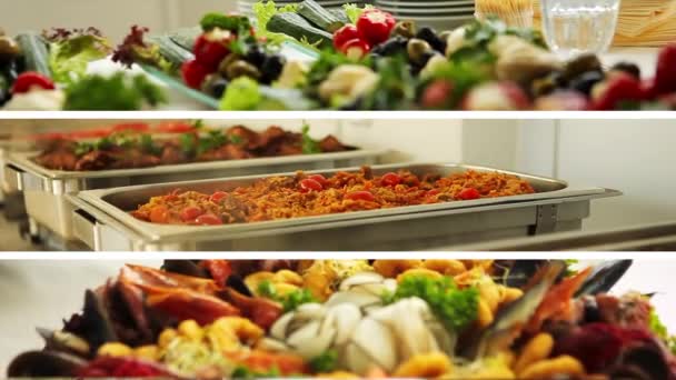 イベントのウェディングビュッフェをケータリング ウズベク語 カザフスタンの国民料理 ピラフ 肉や野菜とご飯 レストランのメニューエビ 貝の皿の中の混合シーフードサラダ — ストック動画