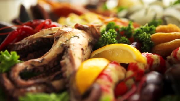 Mixed Seafood Salad Platter Shrimp Fish Shellfish Squid Assorted Vegetables — Stock Video