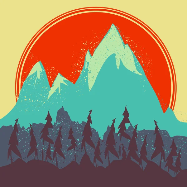 Vector Mountain and red sun — Stock Vector