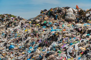 A large landfill site filled with natural and synthetic waste reflects the challenge of pollution and its effect on the environment.